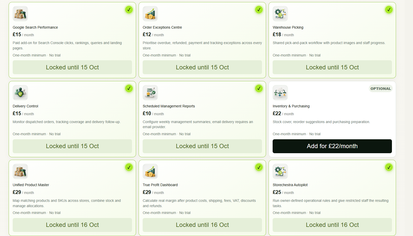 Storechestra owner control interface; optional modules
